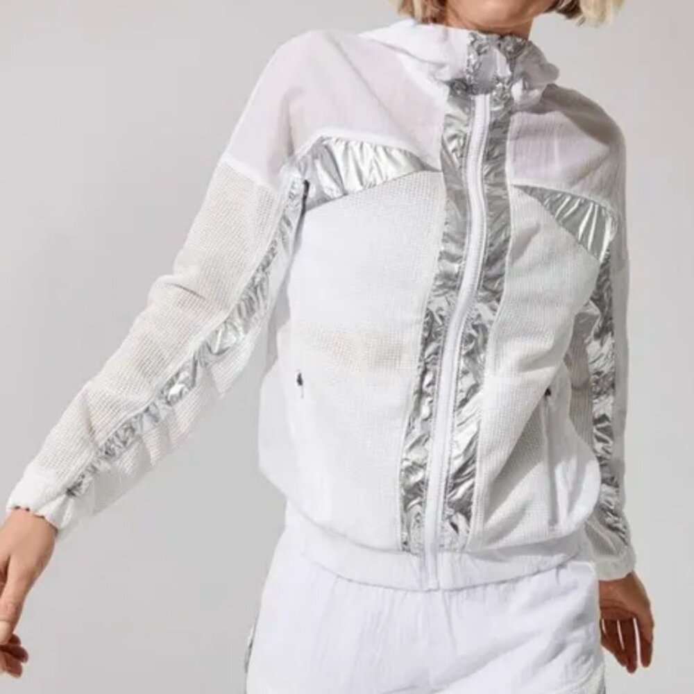 Alala Metallic Silver Sheer Waffle Knit Hoodie Jacket Women's Full Zip Future M